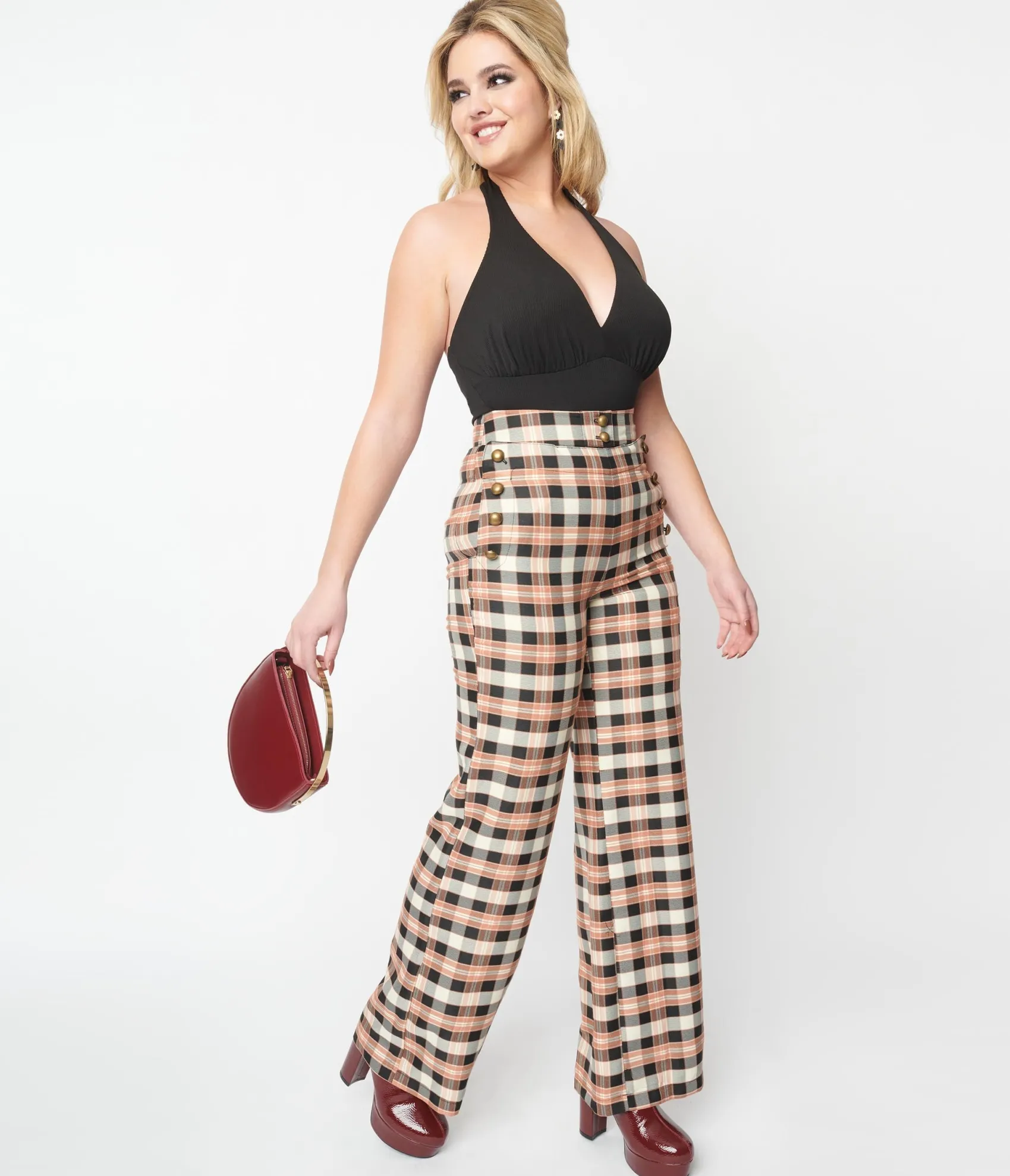 Unique Vintage 1940s Black & Tan Plaid Sailor Pants