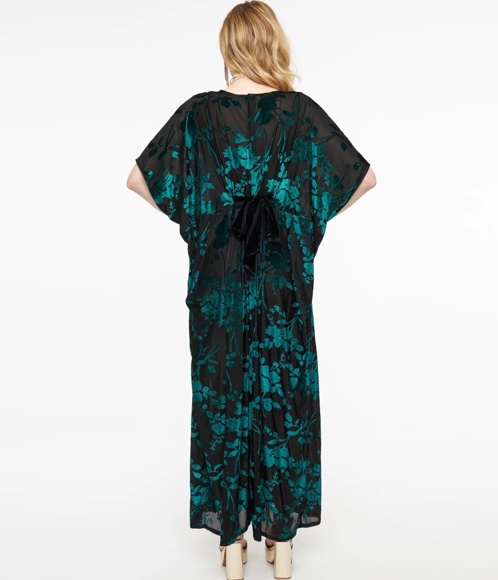 Unique Vintage 1970s Black & Teal Velvet Floral Burnout Caftan Jumpsuit