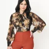 Unique Vintage 1930s Black & Vintage Floral Bouquet Print Gwen Blouse