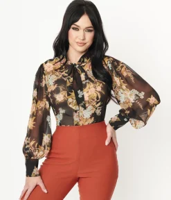 Unique Vintage 1930s Black & Vintage Floral Bouquet Print Gwen Blouse
