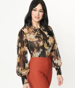 Unique Vintage 1930s Black & Vintage Floral Bouquet Print Gwen Blouse
