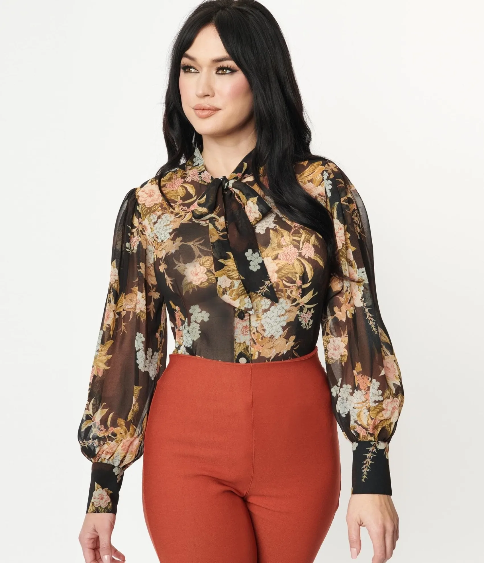 Unique Vintage 1930s Black & Vintage Floral Bouquet Print Gwen Blouse