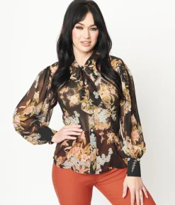 Unique Vintage 1930s Black & Vintage Floral Bouquet Print Gwen Blouse