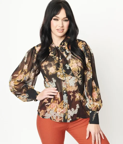 Unique Vintage 1930s Black & Vintage Floral Bouquet Print Gwen Blouse