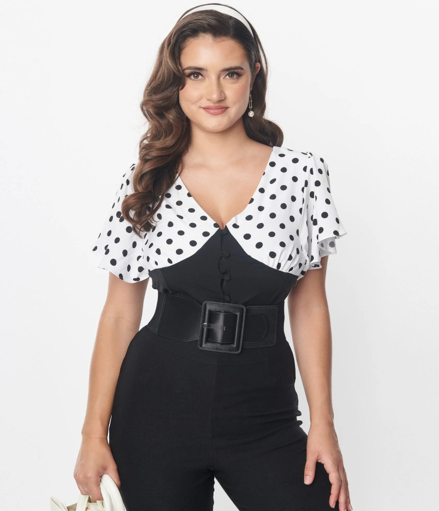 Unique Vintage 1930s Black & White Dot Flutter Sleeve Blouse