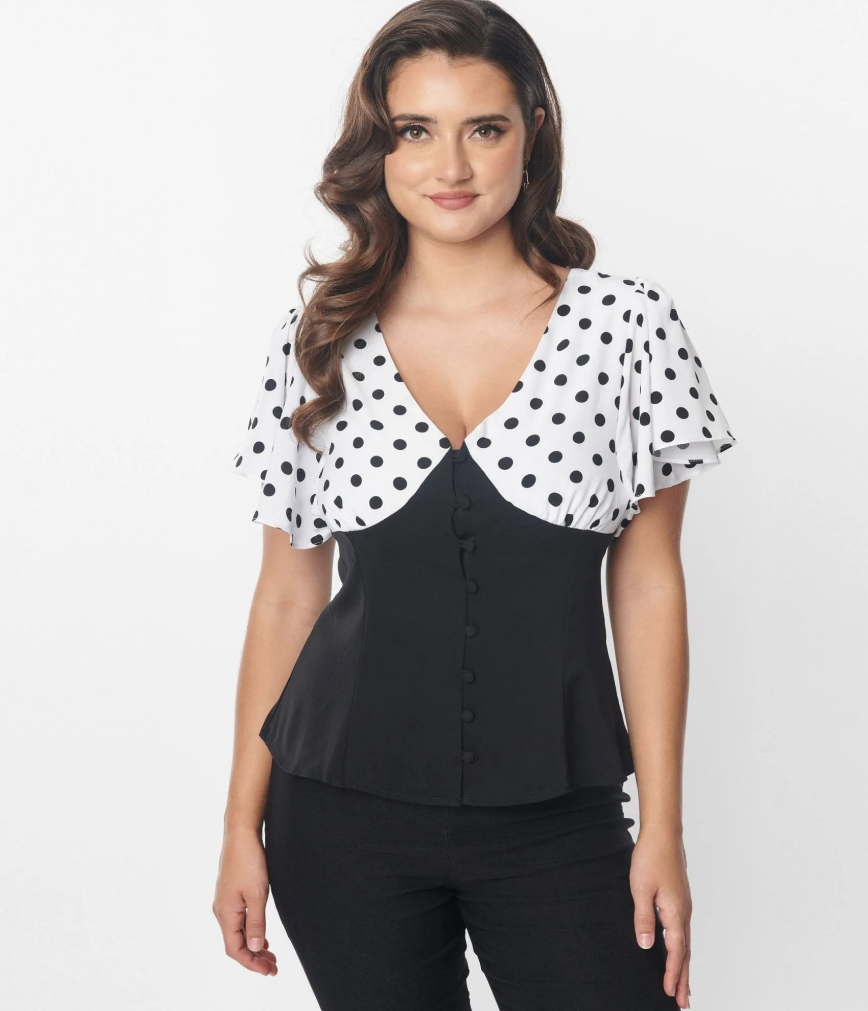 Unique Vintage 1930s Black & White Dot Flutter Sleeve Blouse