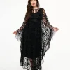 Unique Vintage 1960s Black Baroque Skull Burnout Fringe Flutter Sleeve Caftan