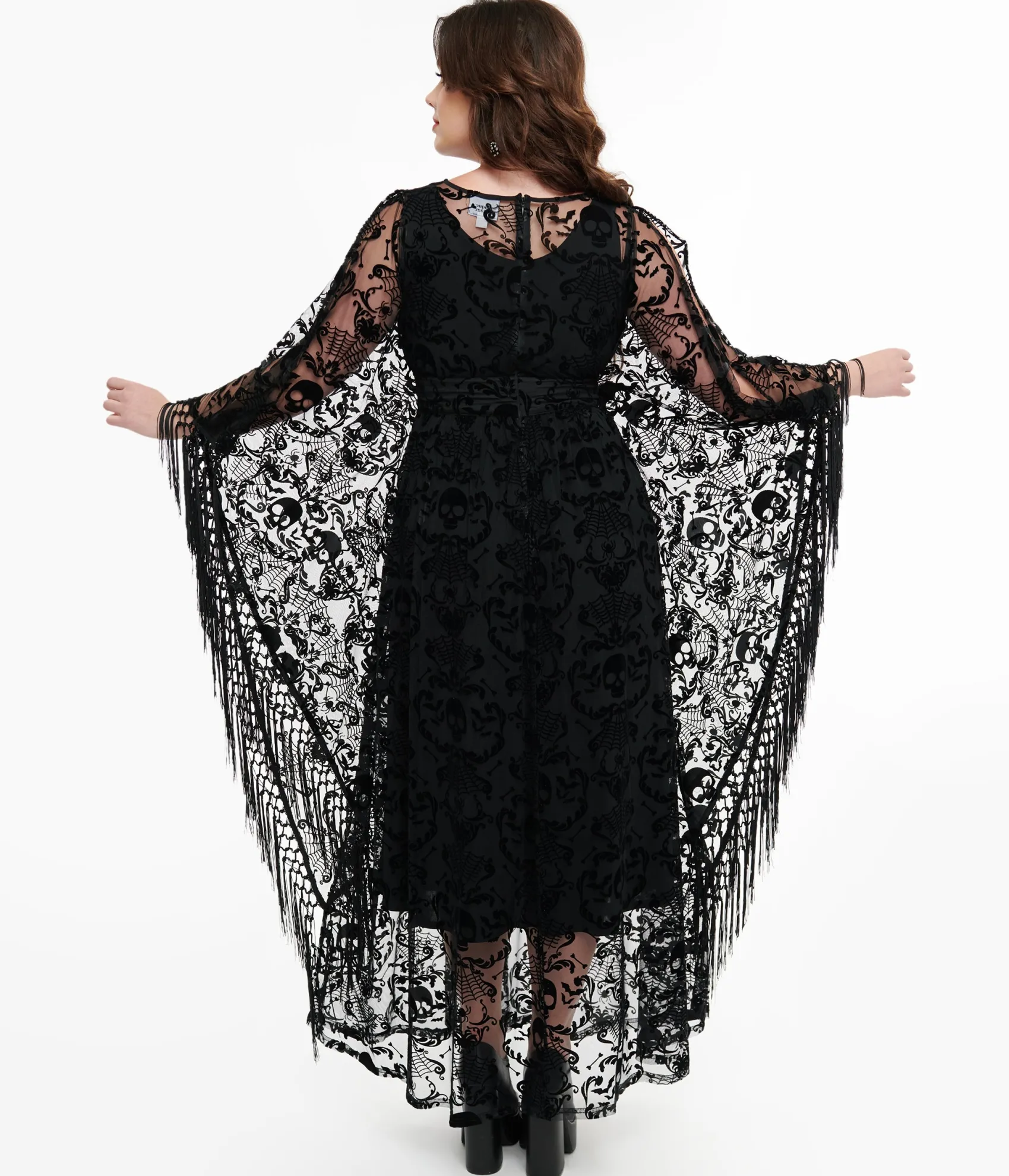 Unique Vintage 1960s Black Baroque Skull Burnout Fringe Flutter Sleeve Caftan