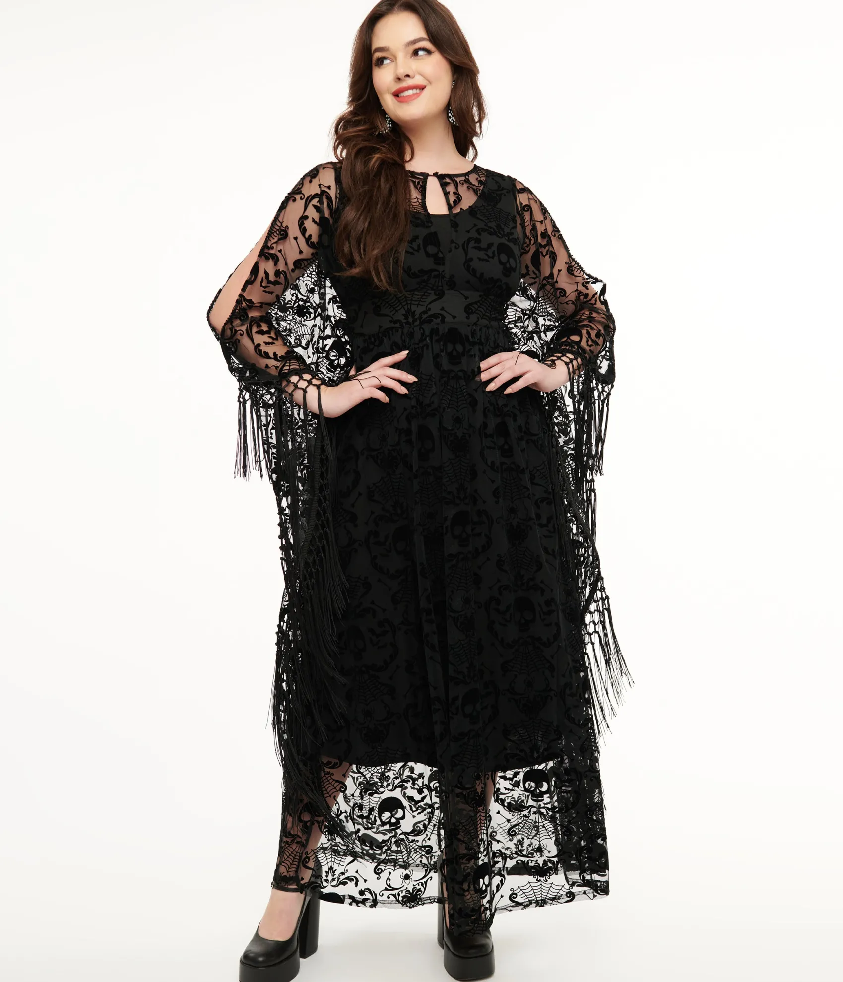 Unique Vintage 1960s Black Baroque Skull Burnout Fringe Flutter Sleeve Caftan