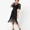 Unique Vintage 1920s Black Beaded Fringe Sleeve Nadine Flapper Dress