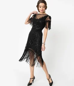 Unique Vintage 1920s Black Beaded Fringe Sleeve Nadine Flapper Dress