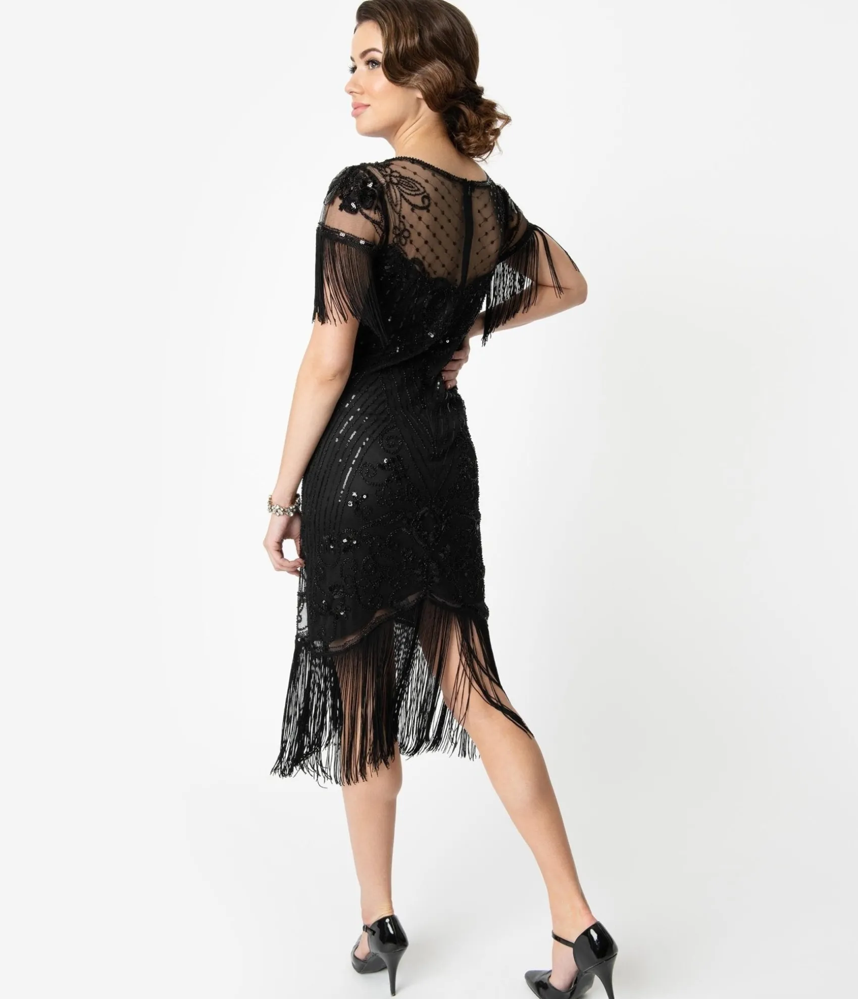 Unique Vintage 1920s Black Beaded Fringe Sleeve Nadine Flapper Dress