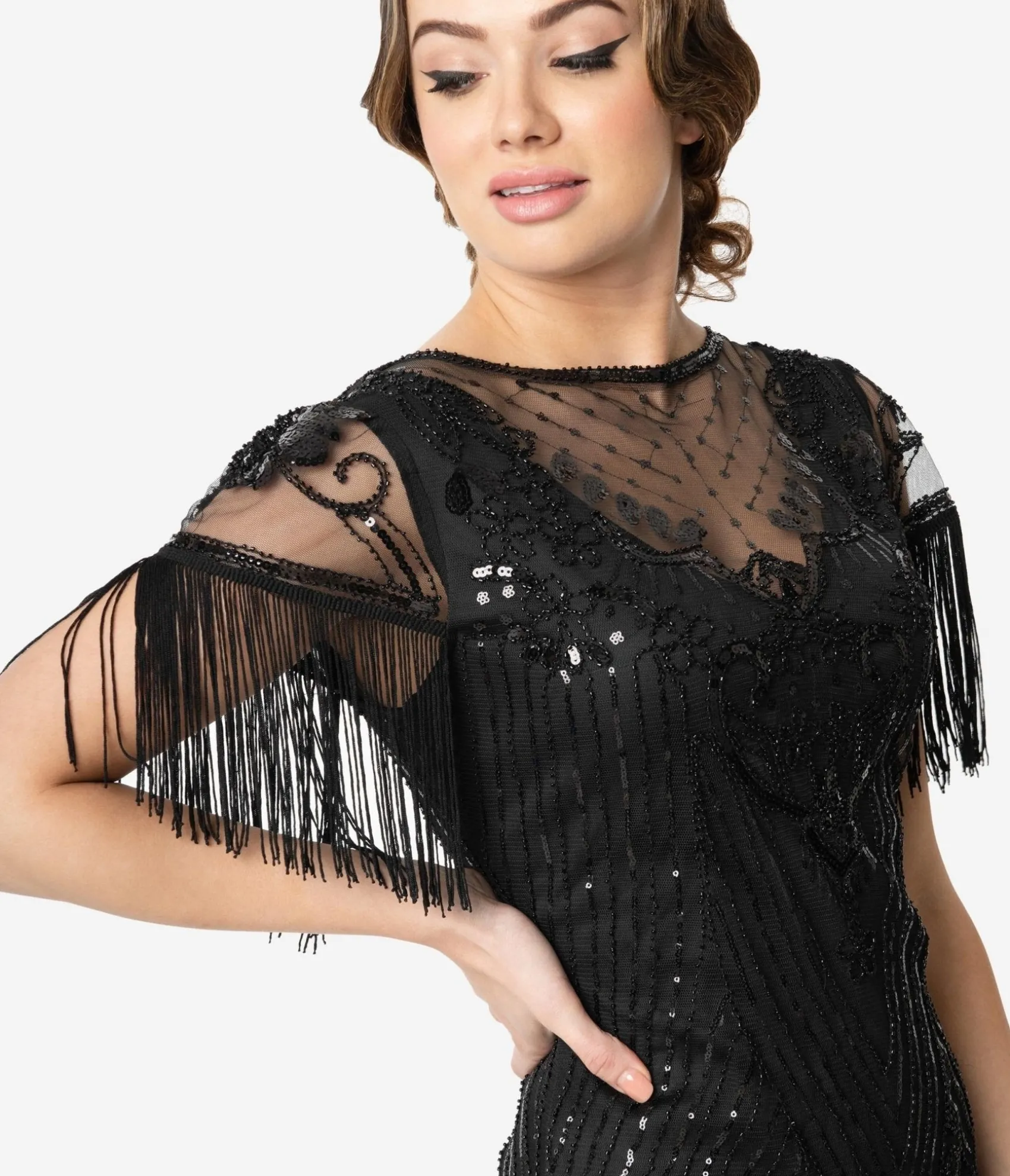 Unique Vintage 1920s Black Beaded Fringe Sleeve Nadine Flapper Dress