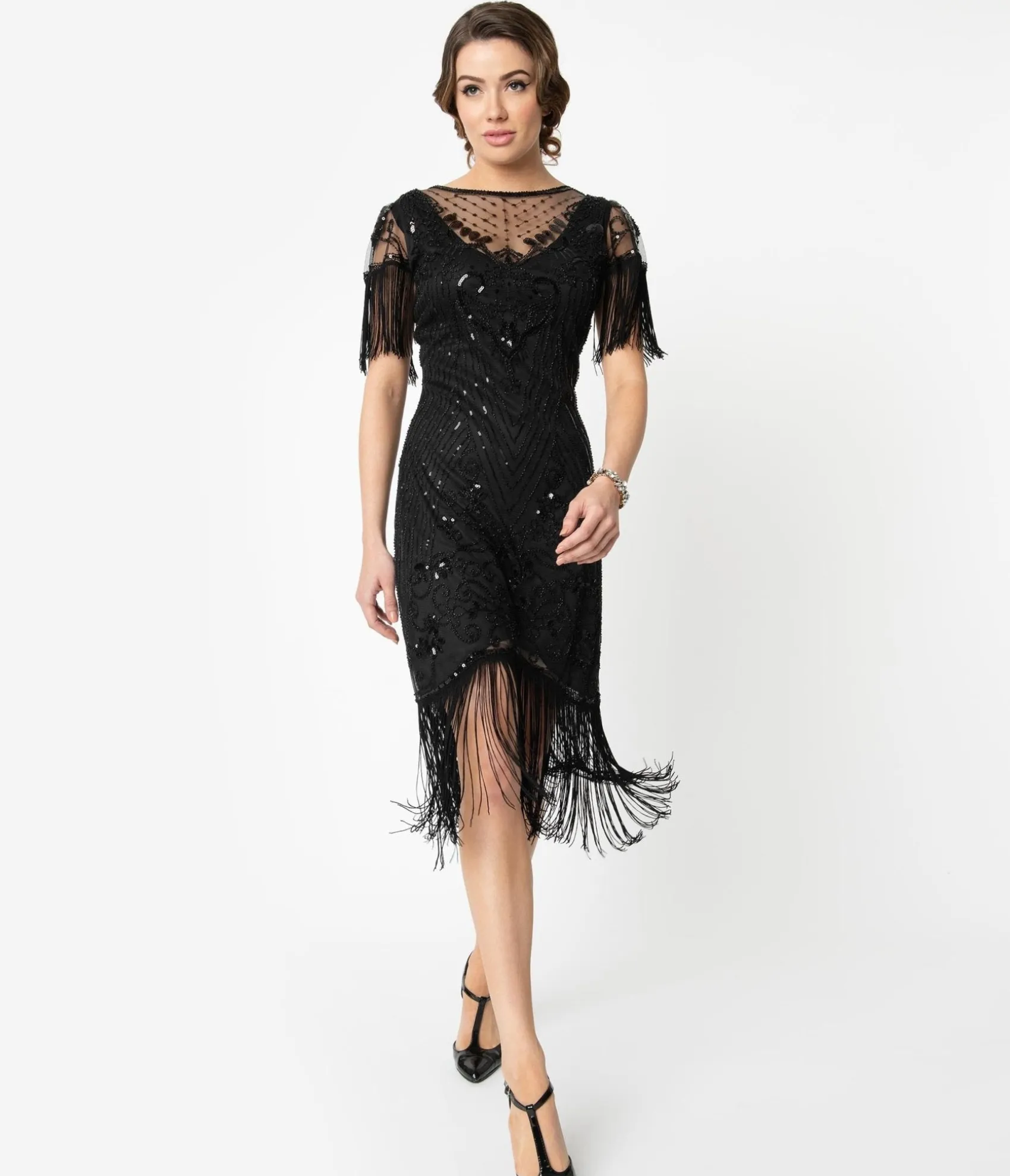 Unique Vintage 1920s Black Beaded Fringe Sleeve Nadine Flapper Dress