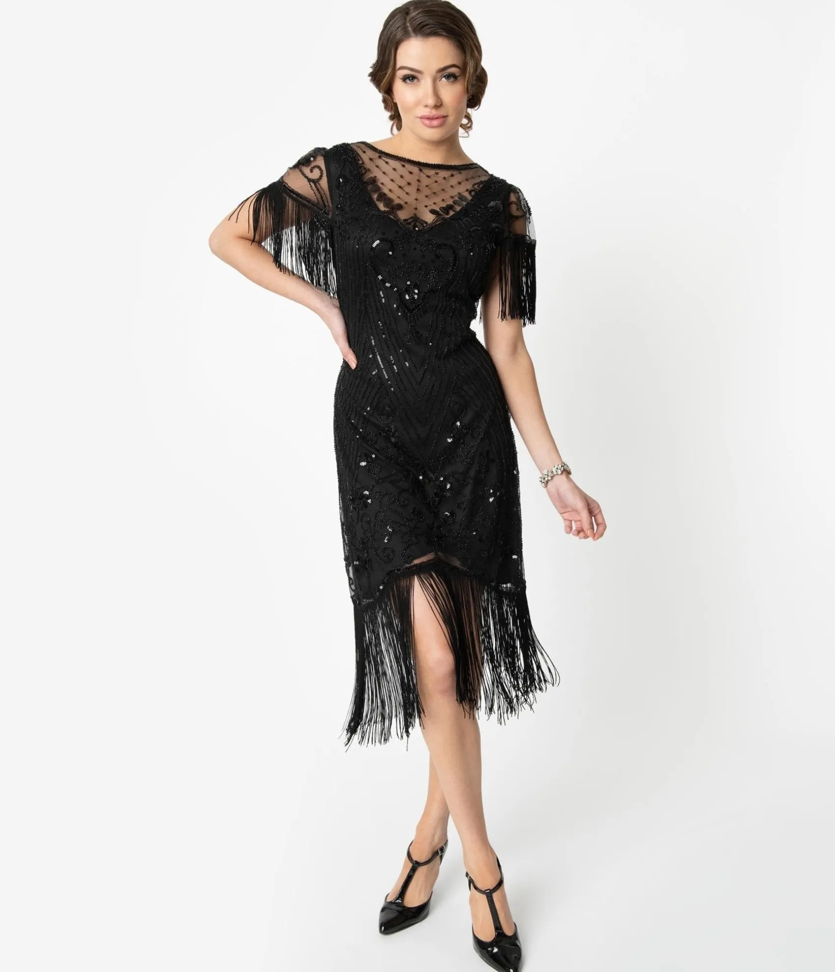 Unique Vintage 1920s Black Beaded Fringe Sleeve Nadine Flapper Dress