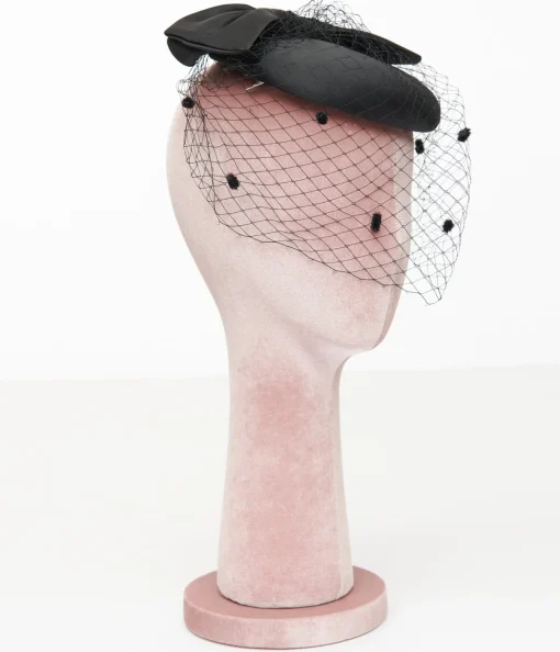 Unique Vintage 1950s Black Bow Pillbox Fascinator Hat