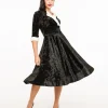 Unique Vintage 1950s Black Crushed Velvet & White Fur Delores Swing Dress