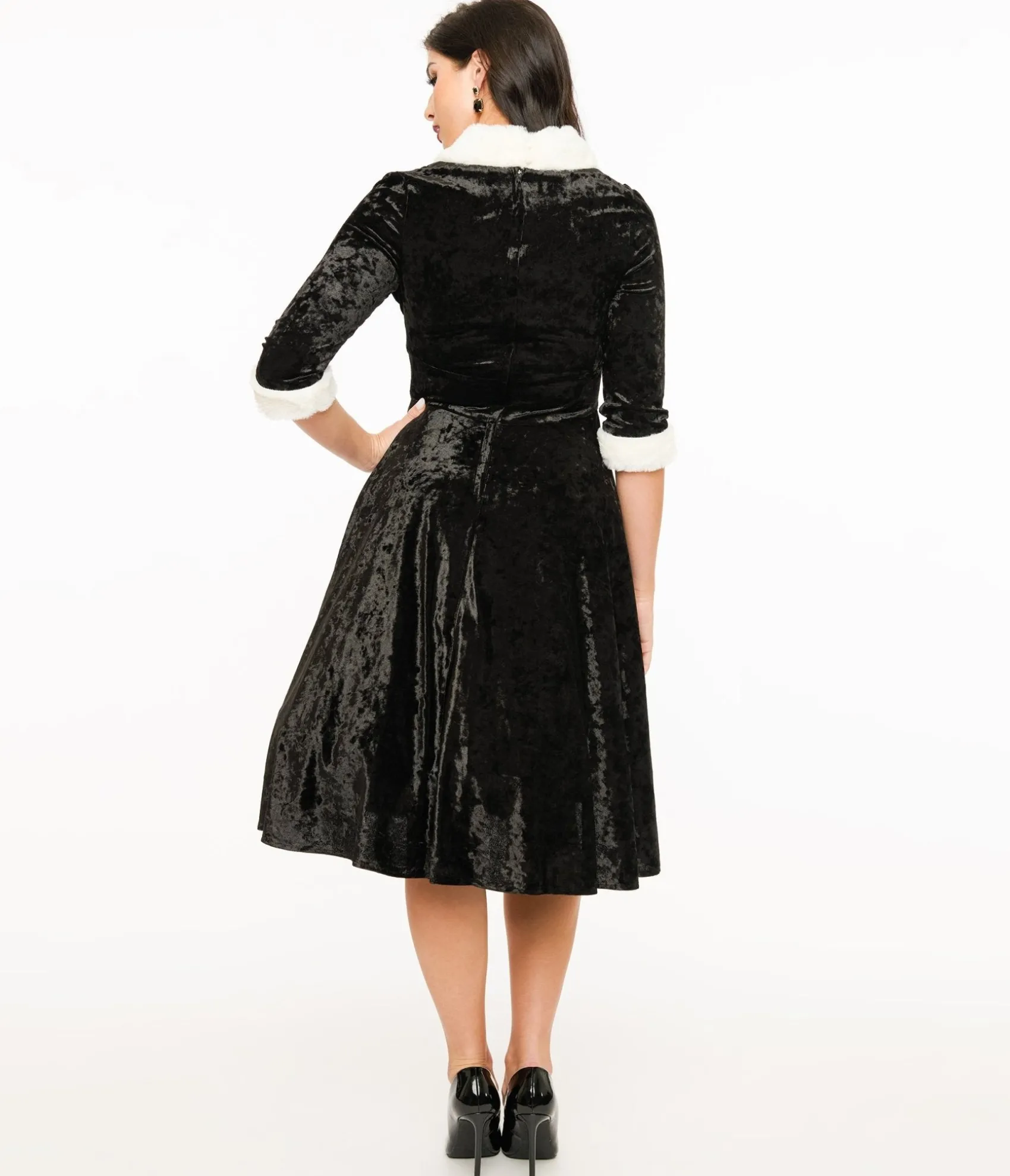 Unique Vintage 1950s Black Crushed Velvet & White Fur Delores Swing Dress