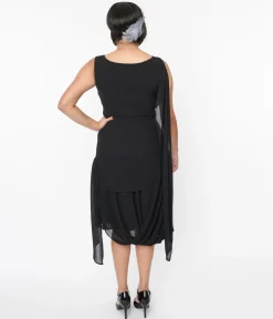 Unique Vintage 1920s Black Draped Flapper Dress