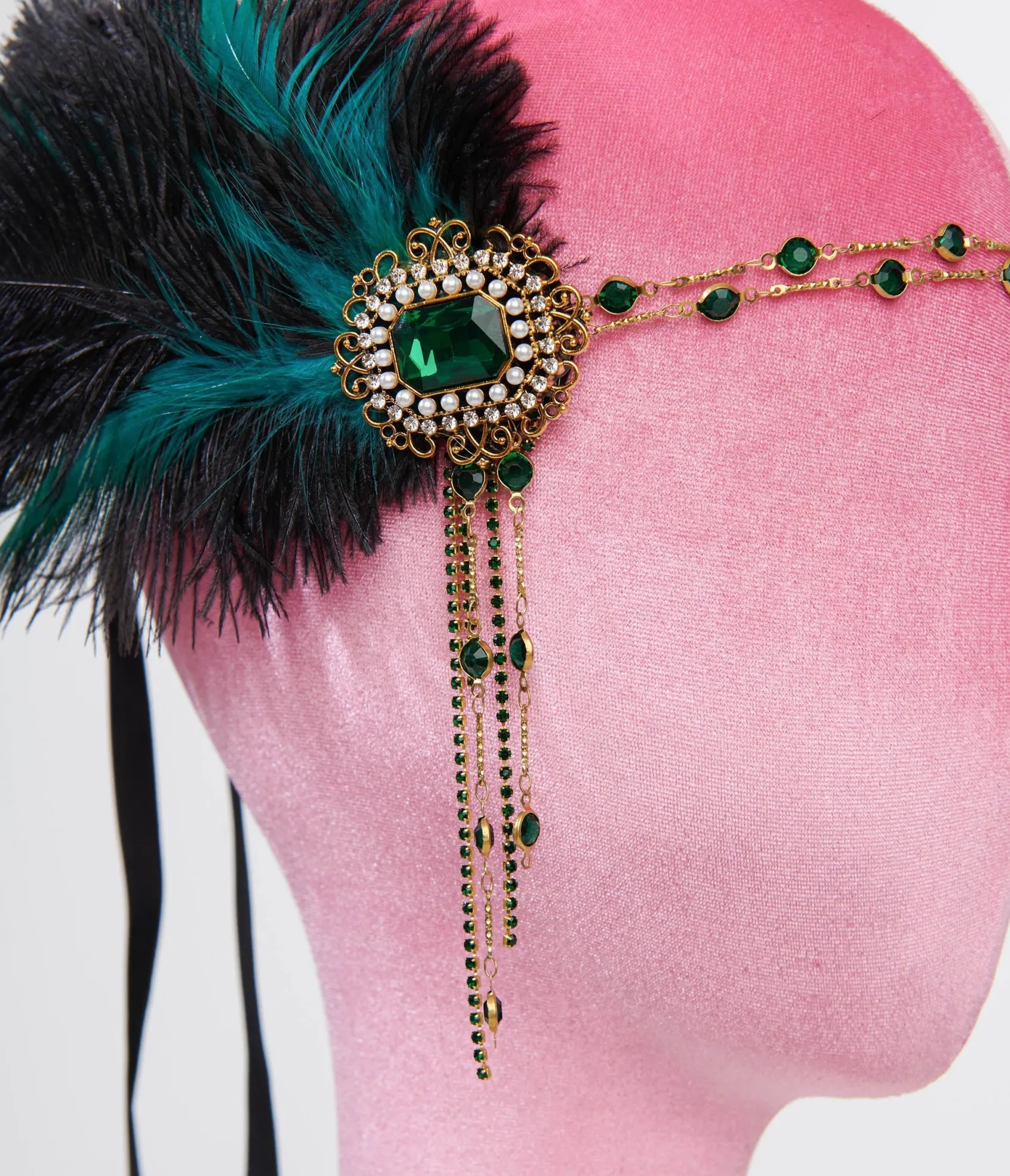 Unique Vintage 1920s Black Feather & Emerald Rhinestone Headband
