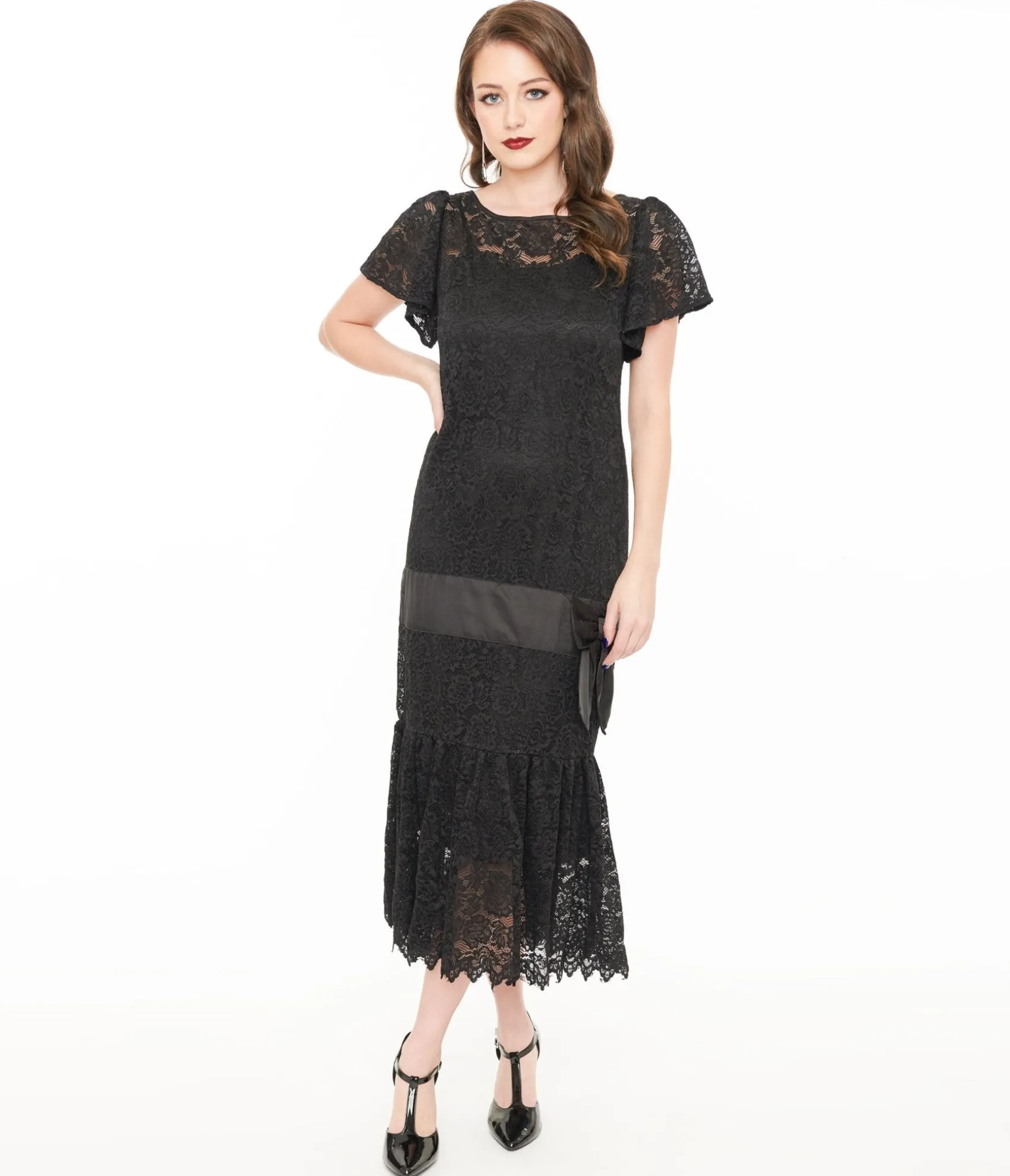 Unique Vintage 1920s Black Floral Lace & Bow Flapper Dress