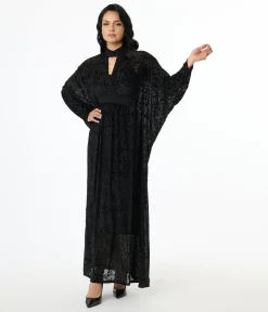 Unique Vintage 1970s Black Floral Burnout Mesh High Neck Caftan