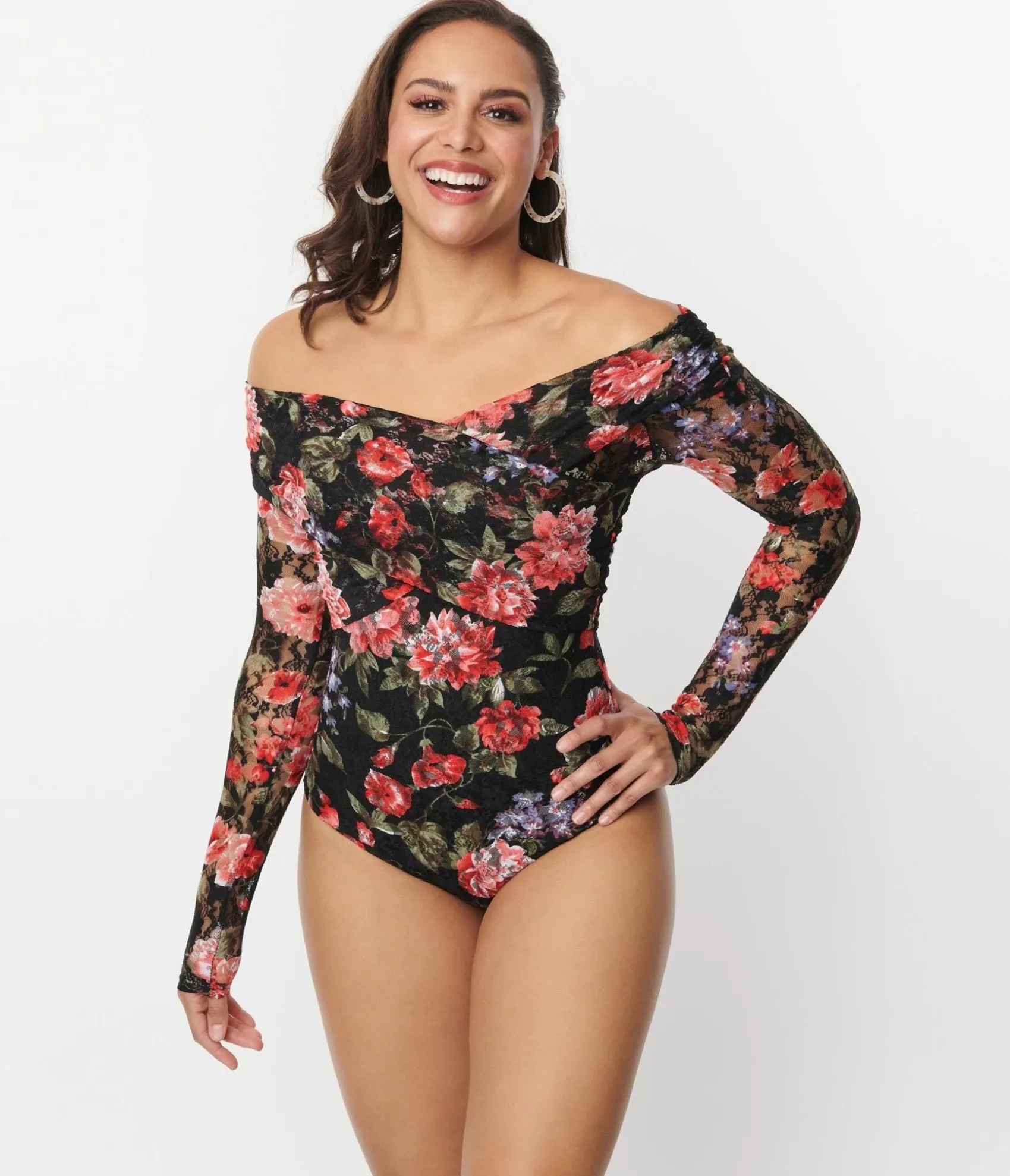 Unique Vintage 1940s Black Floral Lace Saturday Night Bodysuit