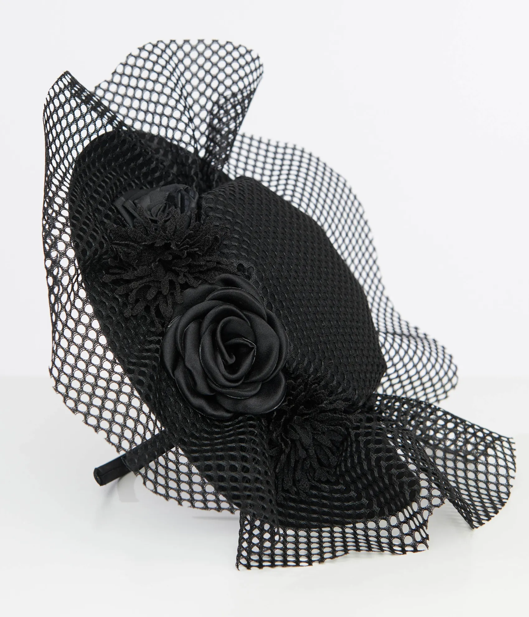 Unique Vintage 1930s Black Floral & Mesh Fascinator