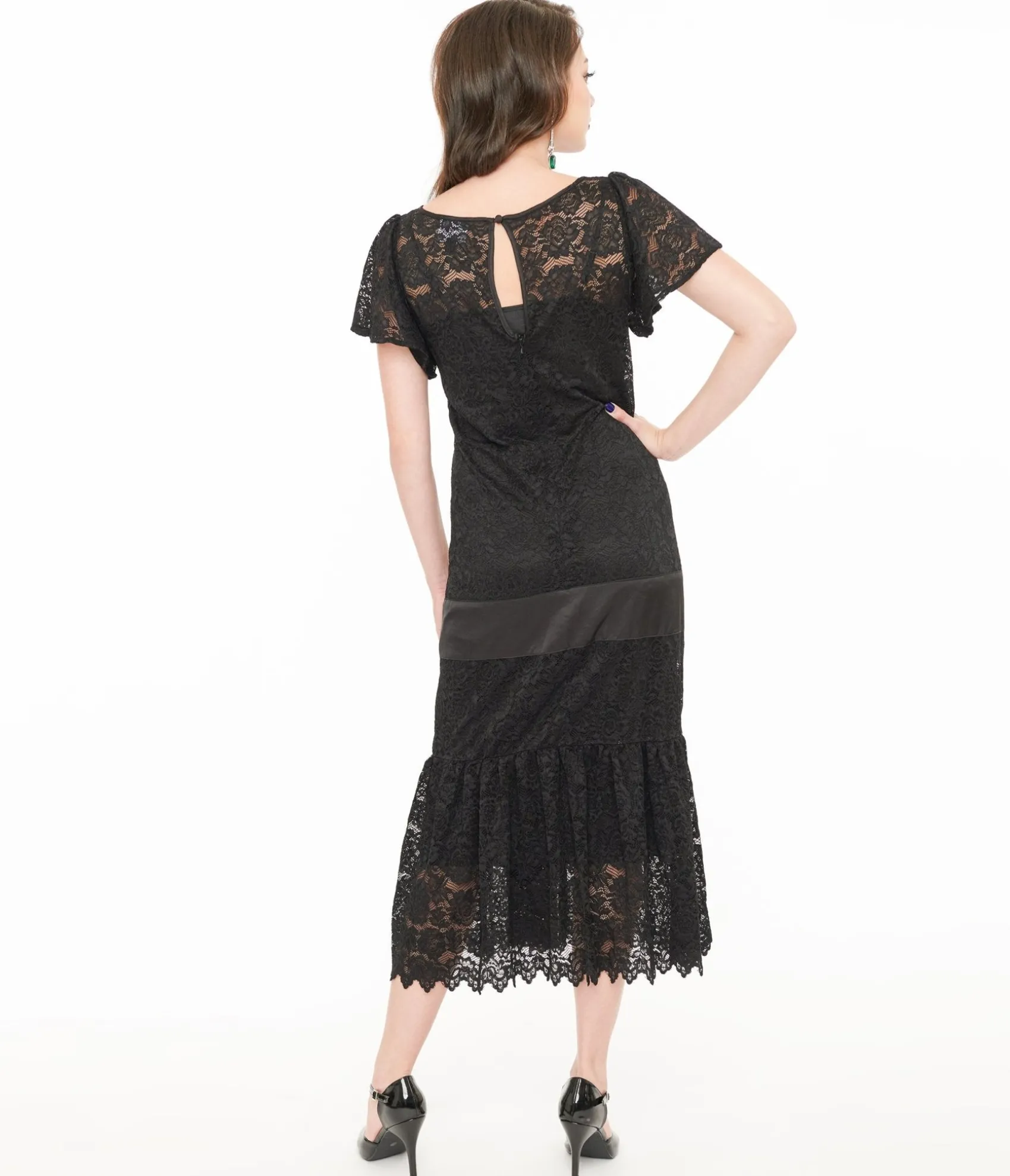 Unique Vintage 1920s Black Floral Lace & Bow Flapper Dress