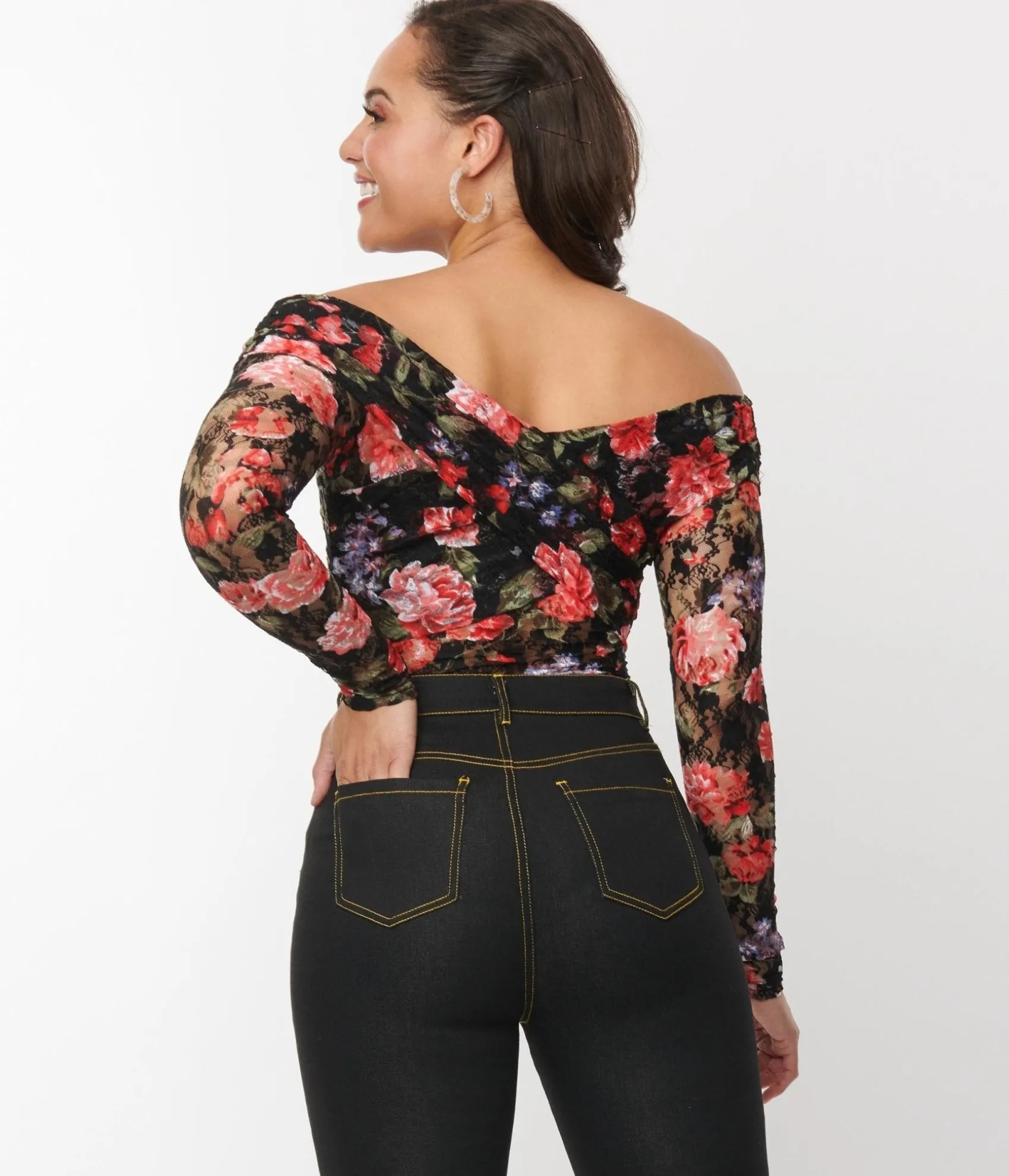 Unique Vintage 1940s Black Floral Lace Saturday Night Bodysuit