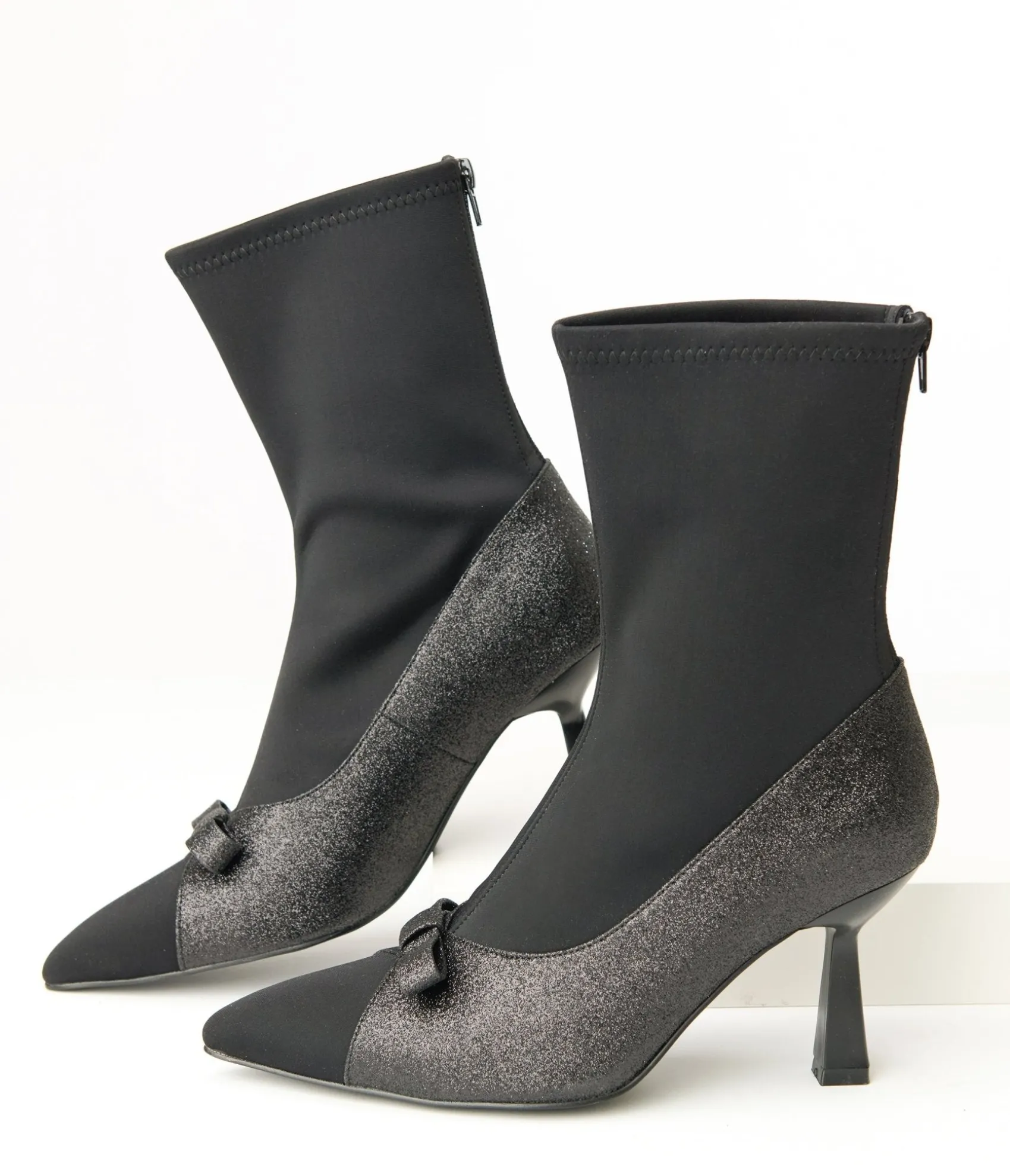 Unique Vintage 1950s Black Glitter Bow Boots