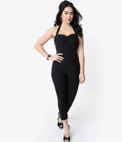 Unique Vintage 1950s Black Halter Marcel Jumpsuit