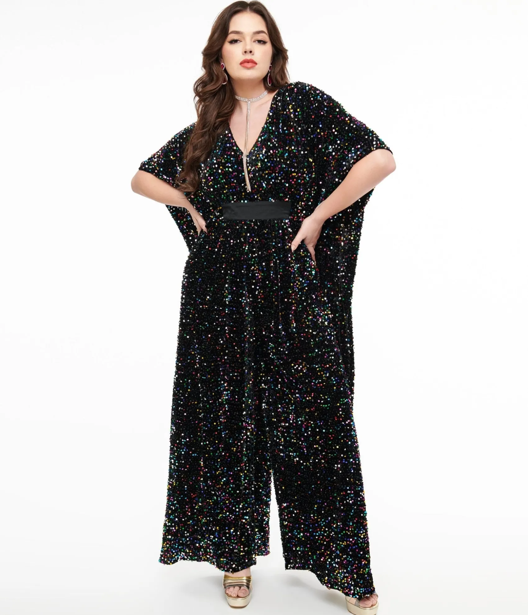 Unique Vintage 1970s Black Iridescent Sequin Caftan Jumpsuit
