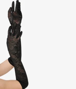 Unique Vintage 1950s Black Lace Elbow Length Gloves