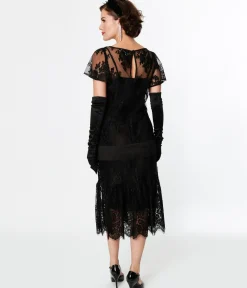 Unique Vintage 1920s Black Lace & Bow Flapper Dress
