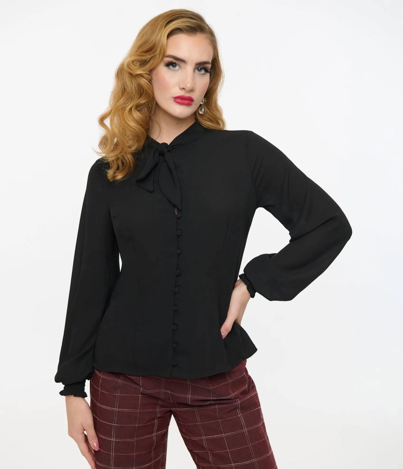 Unique Vintage 1940s Black Neck Tie Blouse