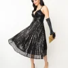 Unique Vintage 1950s Black Pleated Sequin Swing Dress