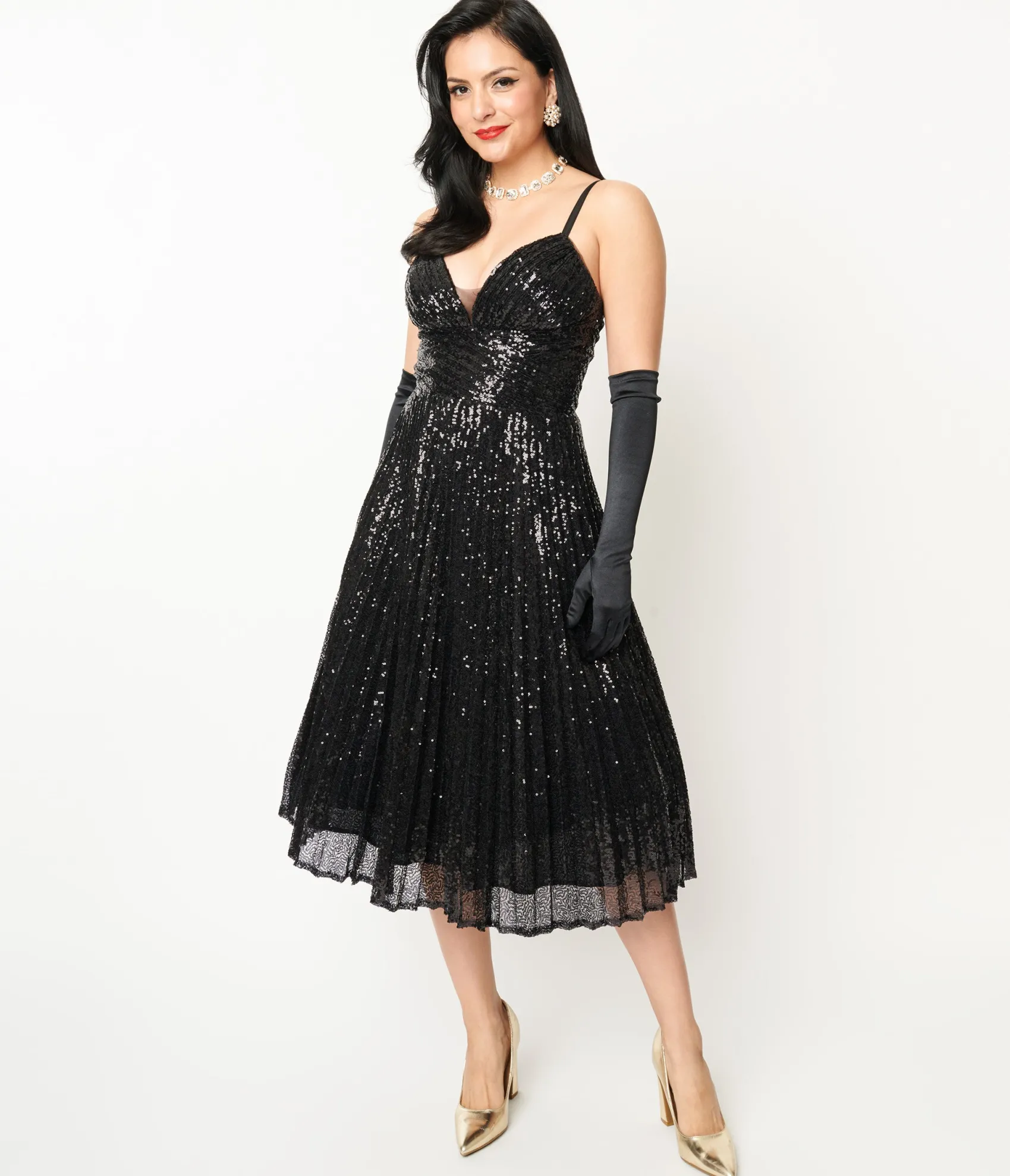 Unique Vintage 1950s Black Pleated Sequin Swing Dress