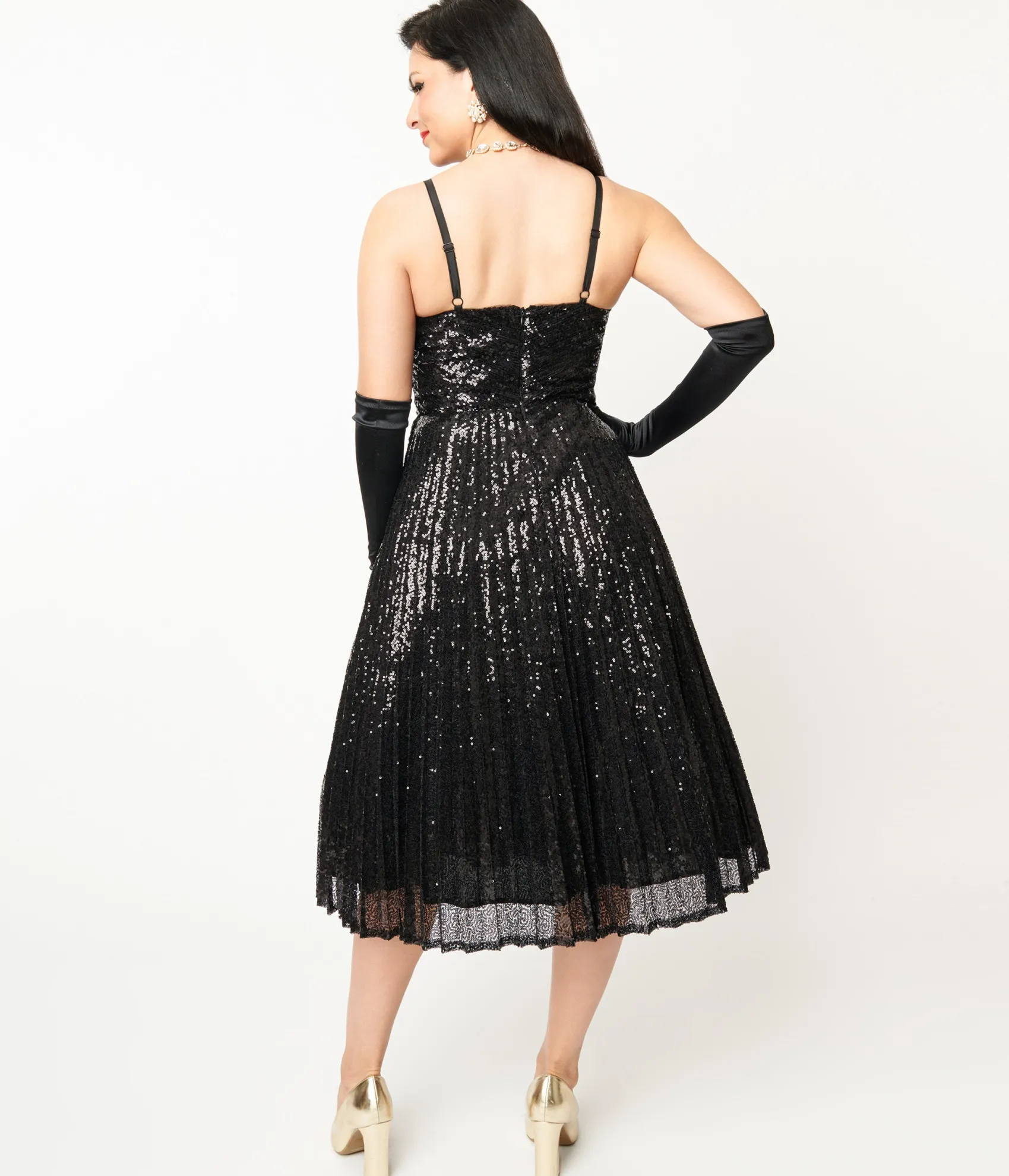 Unique Vintage 1950s Black Pleated Sequin Swing Dress