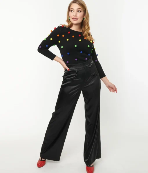 Unique Vintage 1940s Black Satin High Waist Ginger Pants