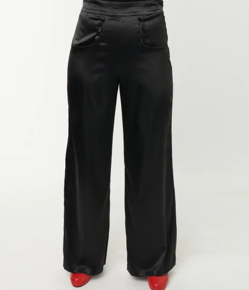 Unique Vintage 1940s Black Satin High Waist Ginger Pants