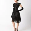 Unique Vintage 1920s Black Sequin Fringe Del Mar Flapper Dress