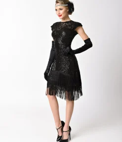 Unique Vintage 1920s Black Sequin Fringe Del Mar Flapper Dress