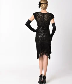 Unique Vintage 1920s Black Sequin Fringe Del Mar Flapper Dress