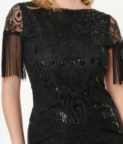 Unique Vintage 1920s Black Sequin Sleeved Laure Flapper Dress
