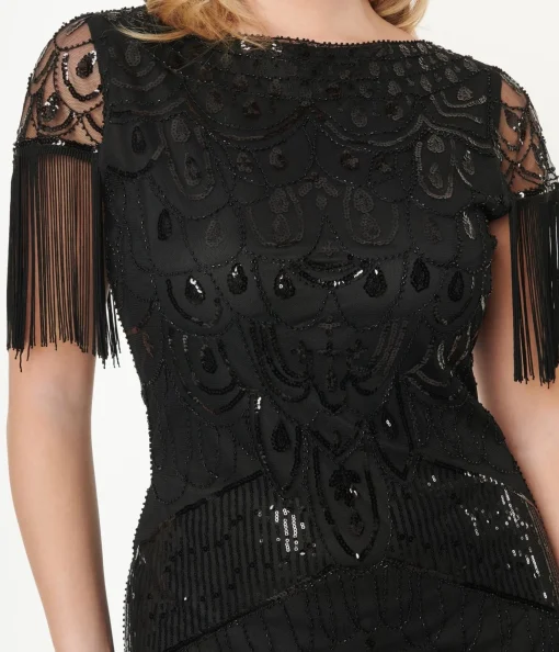 Unique Vintage 1920s Black Sequin Sleeved Laure Flapper Dress