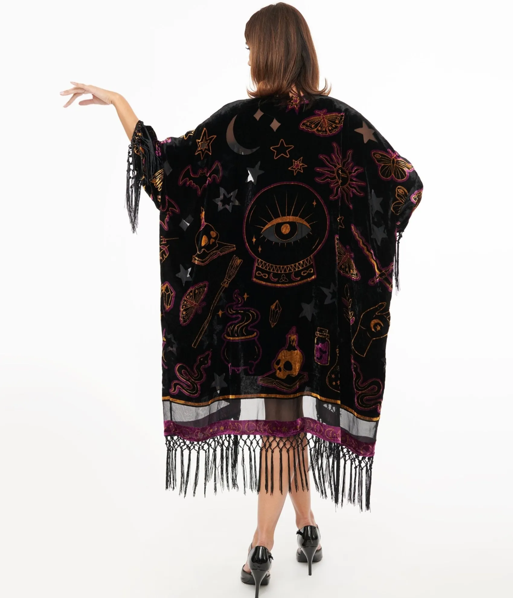 Unique Vintage 1920s Black Velvet Burnout Mystical Icons Fringe Kimono
