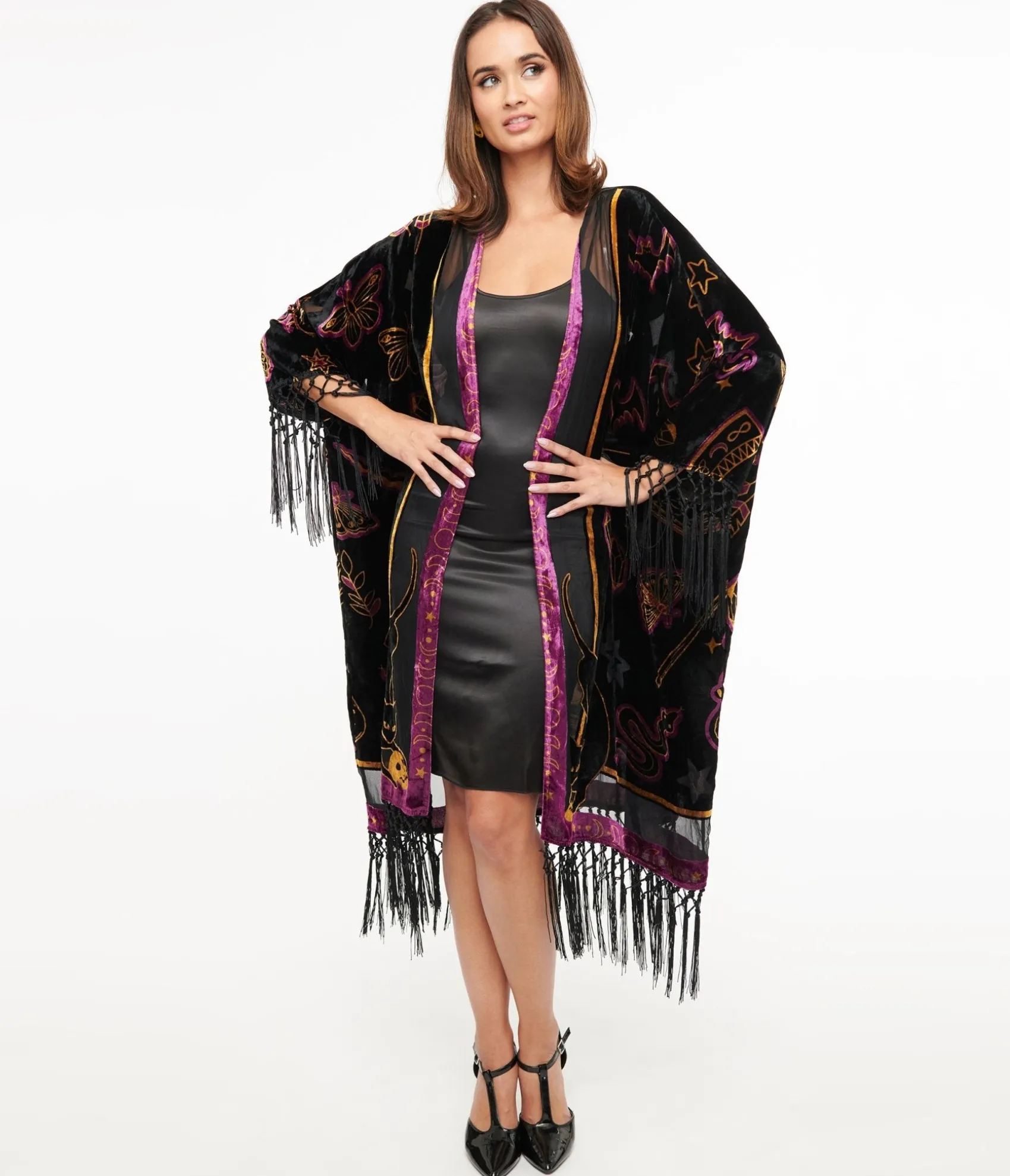 Unique Vintage 1920s Black Velvet Burnout Mystical Icons Fringe Kimono