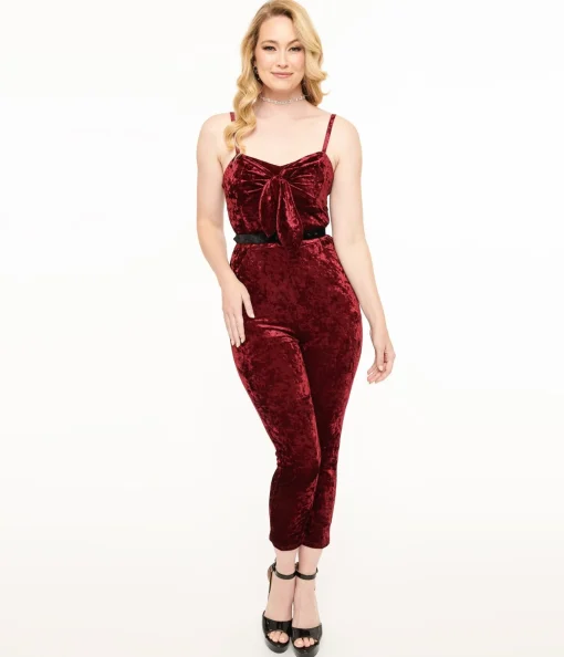 Unique Vintage 1950s Burgundy Crushed Velvet Cropped Jumpsuit