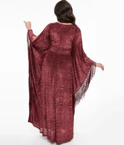 Unique Vintage 1960s Burgundy Velvet Burnout Caftan